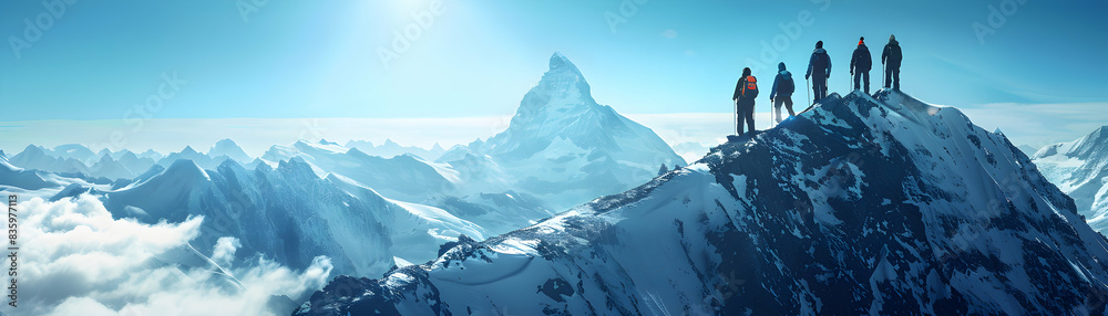 Photo realistic teamwork with inspiring leader on mountain peak ideal for corporate and motivational ads in Photo Stock Photo realistic teamwork with inspiring leader on mountain peak ideal for corporate and motivational ads in Photo Stock