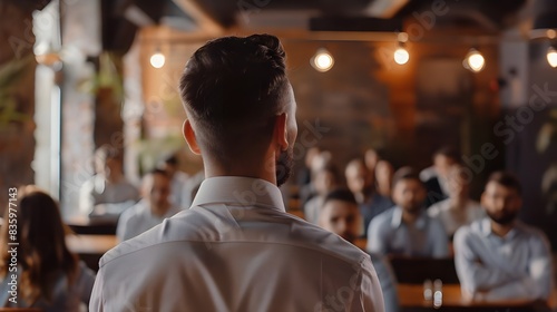 backview of a businessman talking infront of people group class