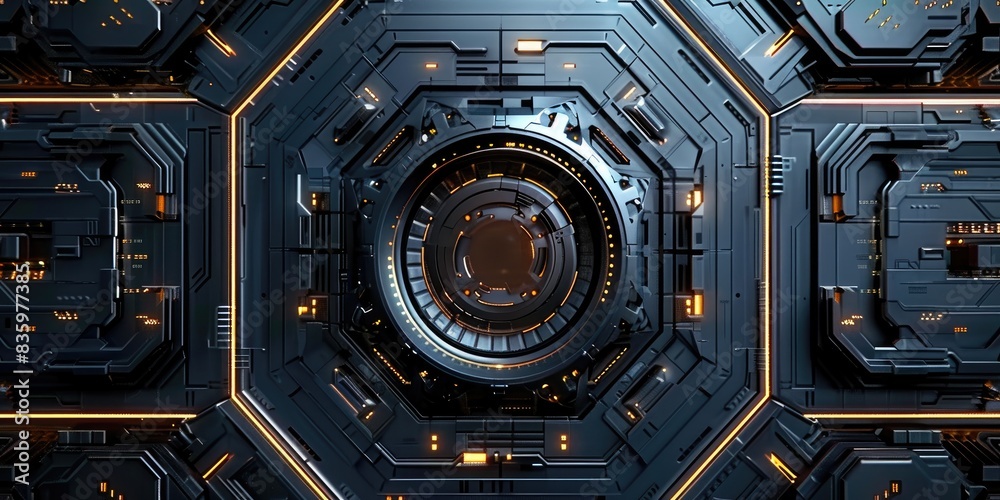 a image of a futuristic looking room with a clock and lights a image of a futuristic looking room with a clock and lights