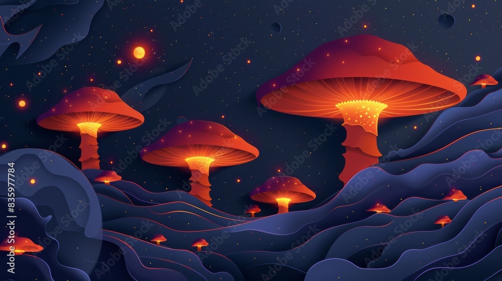 A drawing of a forest with mushrooms glowing in the dark A drawing of a forest with mushrooms glowing in the dark