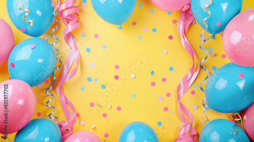 Frame of pastel blue and hot pink balloons, shimmering streamers, and confetti on a sunny yellow background, birthday party vibes.