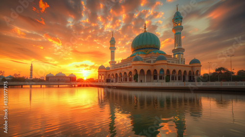 Beautiful mosque with reflection effect to the water. © Sana