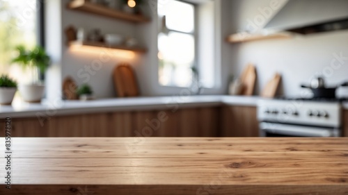 empty beautiful wood table top counter and blur bokeh