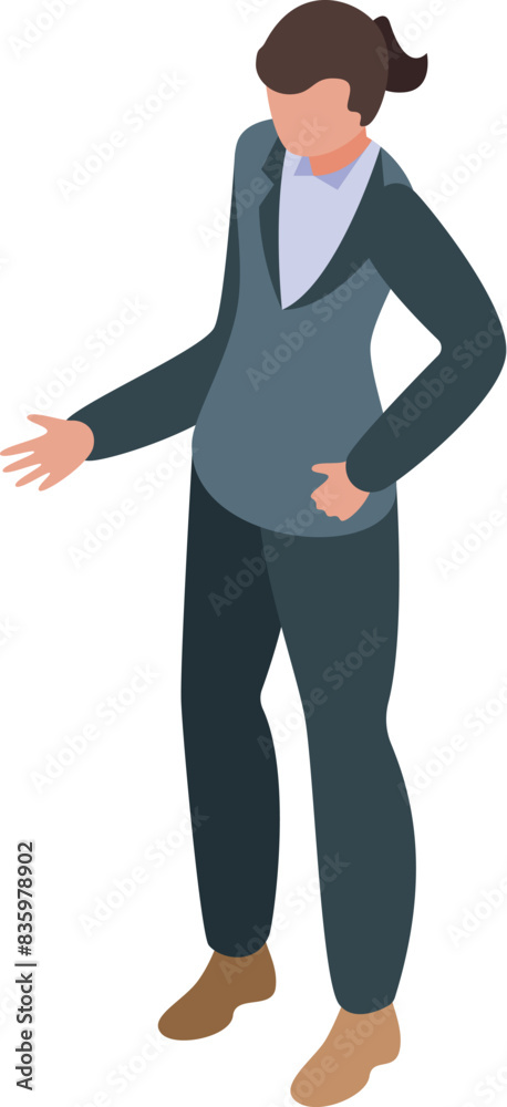Isometric illustration of a professional woman standing confidently as if presenting Isometric illustration of a professional woman standing confidently as if presenting