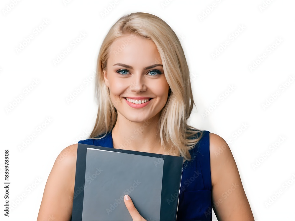 Blonde woman holding a document folder, white background Blonde woman holding a document folder, white background