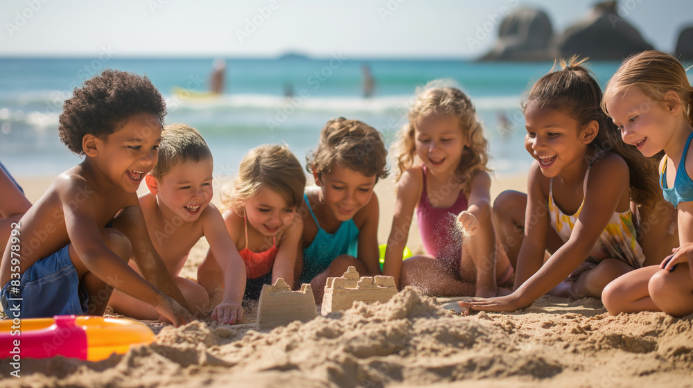 Happy Diverse Children Building Sandcastles on Beach on a Sunny Day Happy Diverse Children Building Sandcastles on Beach on a Sunny Day