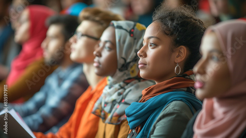 Attentive Diverse Students Listening to Lecture in University Auditorium