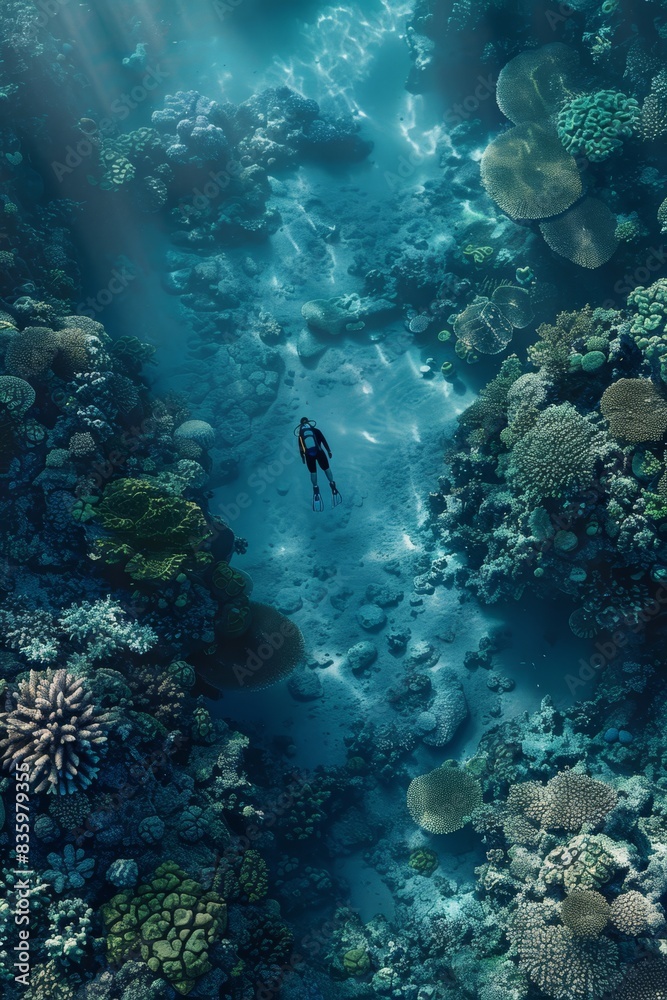 Fototapeta premium Underwater diver swims among vibrant coral reefs with rays of sunlight filtering through the water, showcasing the beauty of marine life.