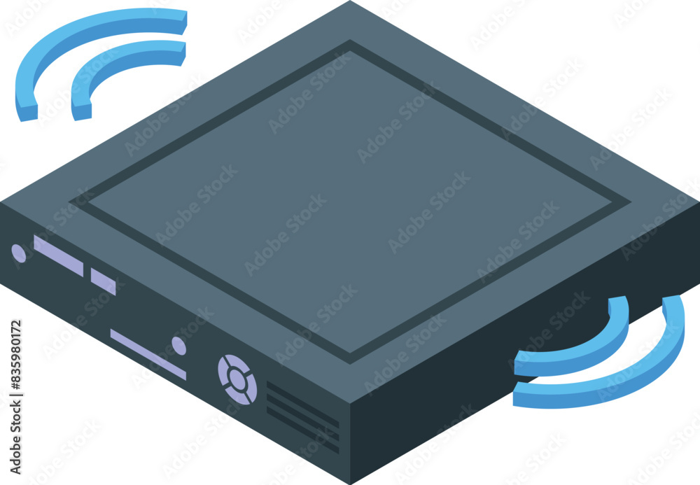 Isometric view of a modern wireless router with signal waves, isolated on a white background Isometric view of a modern wireless router with signal waves, isolated on a white background