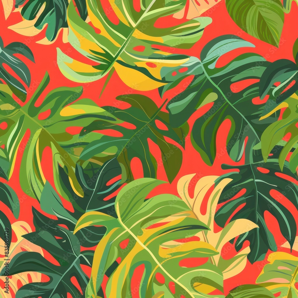 Vibrant Monstera and Tropical Leaves on a Red Background - Seamless Pattern Generative AI Vibrant Monstera and Tropical Leaves on a Red Background - Seamless Pattern Generative AI