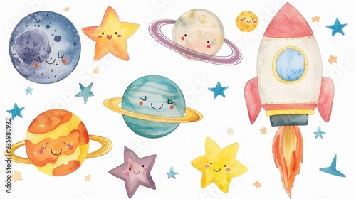 Cheerful Watercolor Space Adventure with Smiling Planets and Rockets, Generative ai