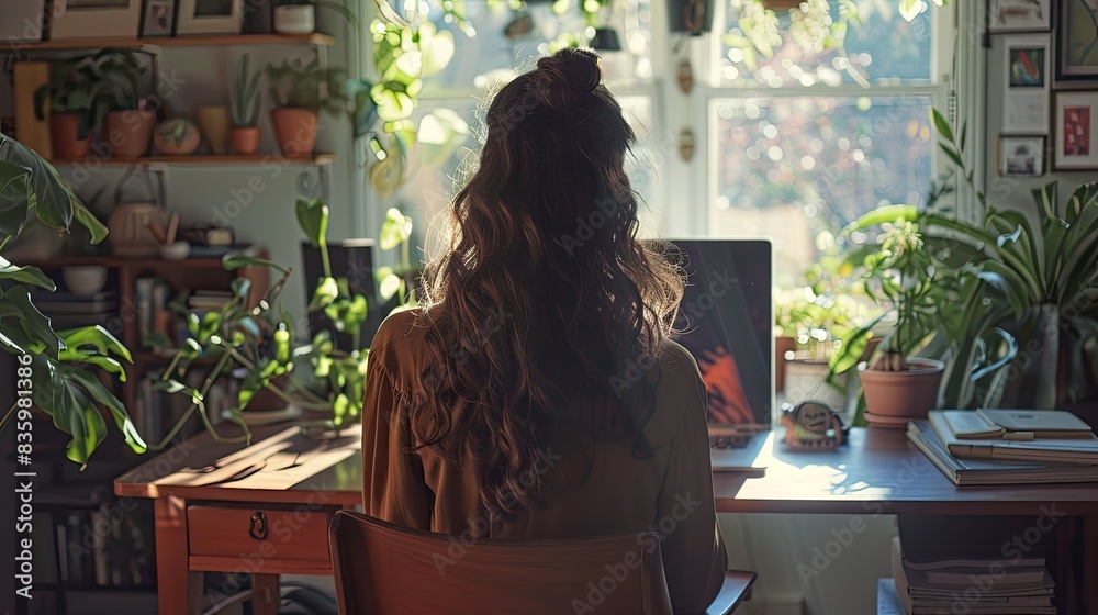 Back view of a woman in a bright home office, typing on her laptop. Back view of a woman in a bright home office, typing on her laptop.