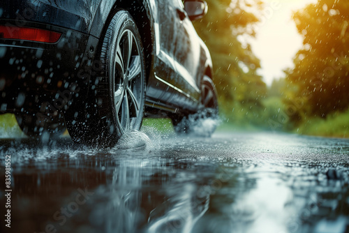 City asphalt road during heavy rain. black car in motion. water splashing from car wheels