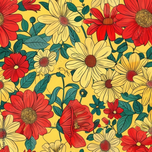 Vibrant Yellow and Red Floral Pattern on Bright Background - Generative AI