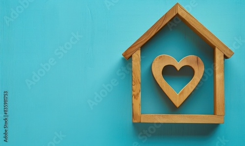 Artistic Wooden Heart in House-Shaped Frame on Teal Background Generative AI