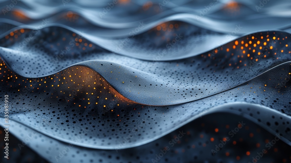 Abstract 3D rendering of wavy surface with glowing dots, showcasing futuristic and digital concept in blue and orange hues. Abstract 3D rendering of wavy surface with glowing dots, showcasing futuristic and digital concept in blue and orange hues.