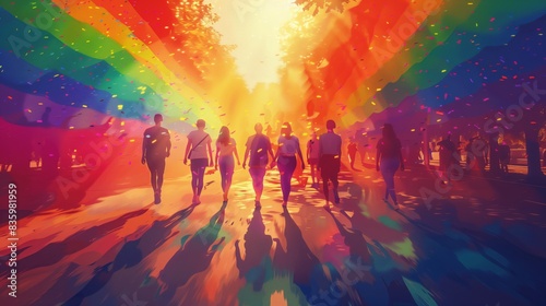 People walking in a colorful parade with rainbow flags and confetti, illuminated by warm sunlight, celebrating unity and diversity. photo