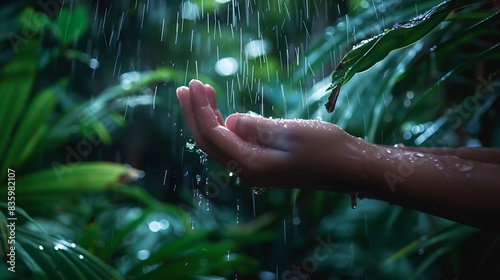 Close-up of hand with umbrella in rain against lush greenery.
