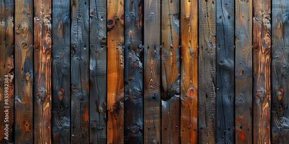 A weathered vertical plank fence displays the beauty of rustic, textured wood, embodying vintage charm. A weathered vertical plank fence displays the beauty of rustic, textured wood, embodying vintage charm.