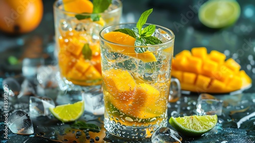 Delicious mangoflavored sparkling water with a slice of ripe mango and a hint of lime, served icecold photo