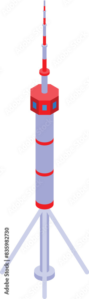 Modern isometric vector illustration of red and white radio tower with antenna for broadcast and telecommunications industry Modern isometric vector illustration of red and white radio tower with antenna for broadcast and telecommunications industry