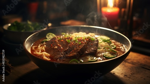 Delicious Bowl of Spicy Beef Ramen Noodles with Fresh Vegetables and Aromatic Broth in Cozy Candlelit Setting