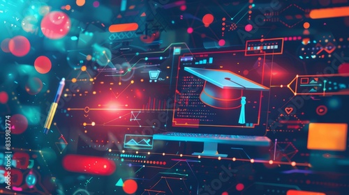 Wallpaper Mural Digital background featuring icons of education and technology, such as a computer screen with academic symbols like the graduation cap or pencil on it, surrounded by digital data visualizations.  Torontodigital.ca