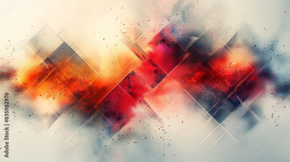 Obraz premium Abstract digital geometric art with vibrant colors, blending shapes, and dynamic patterns, perfect for creative backgrounds and modern designs.