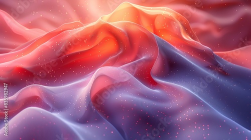 Abstract dreamy landscape with vibrant red and purple hues, smooth curves, and delicate sparkles, resembling a surreal terrain at sunrise.