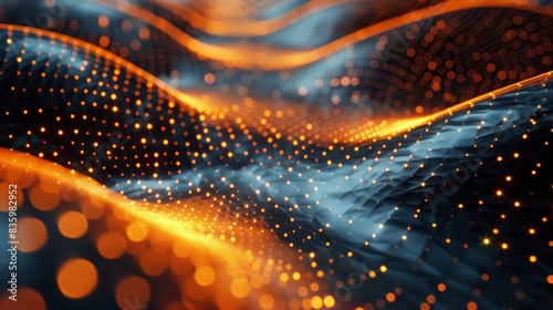Abstract digital wave with orange and blue dots, representing data visualization and futuristic technology.