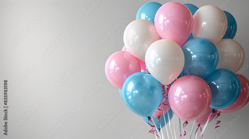 A cluster of pastel pink, blue, and white balloons against a light gray background. A cluster of pastel pink, blue, and white balloons against a light gray background.