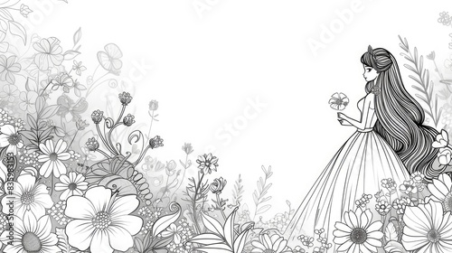 Cartoon line drawing of a princess in a garden with various flowers, white background. Generative Ai