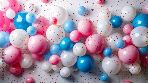 A celebratory wall of pastel pink, blue and white balloons with confetti scattered across the background.