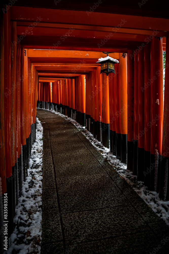 Φωτογραφία Rare Winter snow at Torii Gate Tunnel at Fushimi Inari Shrine in Kyoto Japan