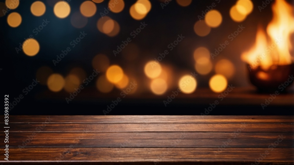 empty beautiful wood table top counter and blank wood with fire empty beautiful wood table top counter and blank wood with fire