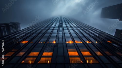 Wallpaper Mural A dramatic low-angle shot of a skyscraper reaches into the cloudy sky at dusk, with warm lights glowing through windows. Torontodigital.ca