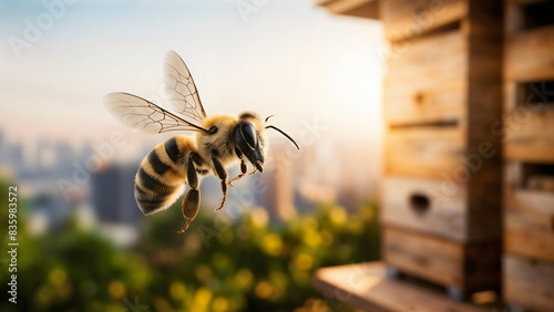 A honey bee is flying in front of a hive with a cityscape in the background photo