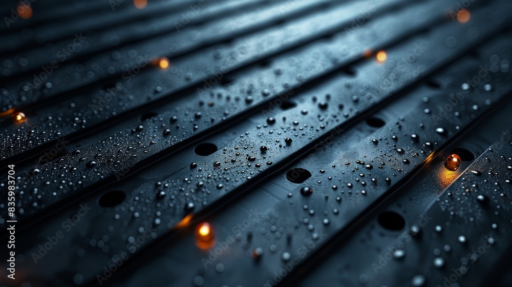 Close-up of a metallic surface with water droplets and glowing lights, showcasing texture and abstract industrial design elements. Close-up of a metallic surface with water droplets and glowing lights, showcasing texture and abstract industrial design elements.