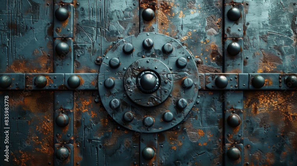 Close-up of a rustic, metal, riveted door with weathered texture and patina, showcasing industrial or historical elements in detail. Close-up of a rustic, metal, riveted door with weathered texture and patina, showcasing industrial or historical elements in detail.
