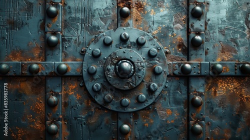 Close-up of a rustic, metal, riveted door with weathered texture and patina, showcasing industrial or historical elements in detail.