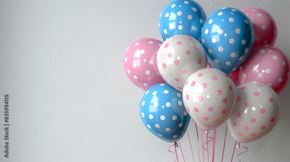 A cluster of pink and blue polka dot balloons against a white background. Perfect for birthday or celebration themes. A cluster of pink and blue polka dot balloons against a white background. Perfect for birthday or celebration themes.