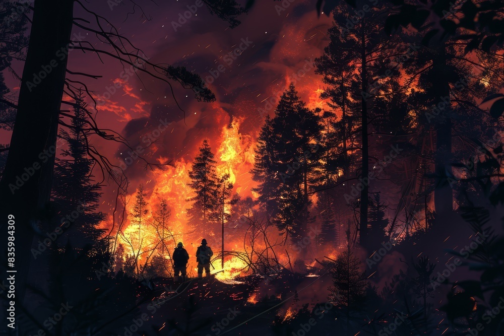 Obraz premium Two firefighters battle a massive forest blaze under a night sky, surrounded by towering flames and dense smoke.