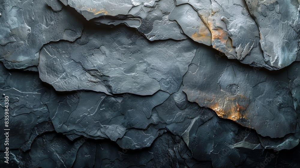 Close-up of layered dark slate rock with hints of gold. Rich texture and natural formation, perfect for geological or artistic use. Close-up of layered dark slate rock with hints of gold. Rich texture and natural formation, perfect for geological or artistic use.