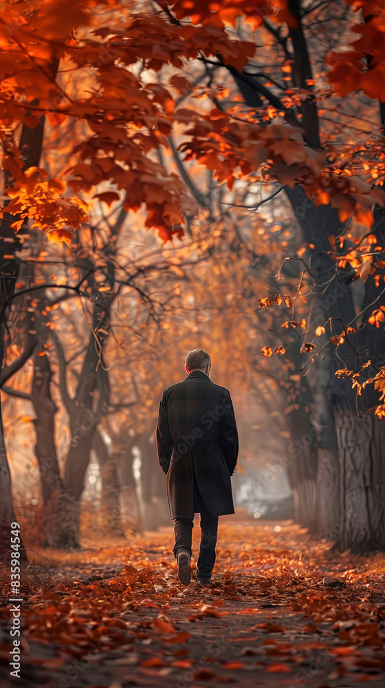 A young man walks through an autumn park A young man walks through an autumn park