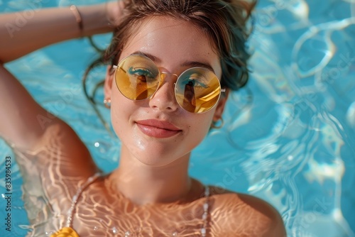 Woman at a swimming pool colorful party during summer time wearing sunglasses, Generative AI  © Vivid Vivids