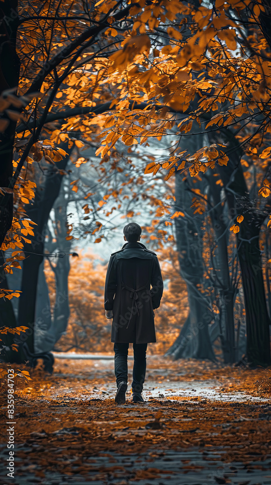 A young man walks through an autumn park A young man walks through an autumn park