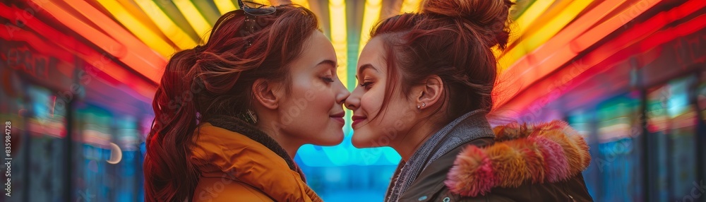 LGBTQ+ couple kissing, vibrant urban backdrop, love and acceptance LGBTQ+ couple kissing, vibrant urban backdrop, love and acceptance
