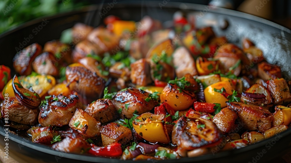 Fried duck with vegetables in a pan Fried duck with vegetables in a pan