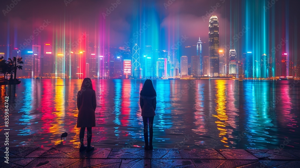 Obraz premium Rainbow-colored lights on iconic buildings, city night scene