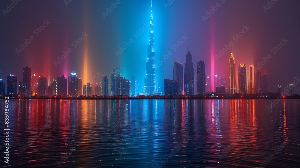 Fototapeta premium Rainbow-colored lights on iconic buildings, city night scene